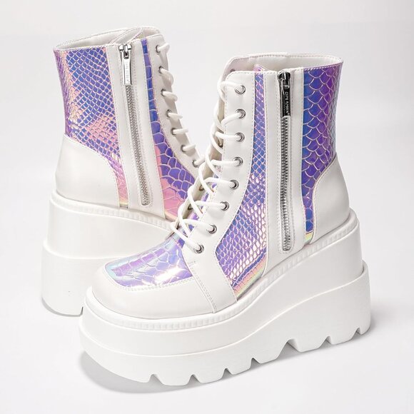 Women's White Chunky Block Heels Pointed Toe Leather Buckle Strap Retro Boots - Picture 7 of 9